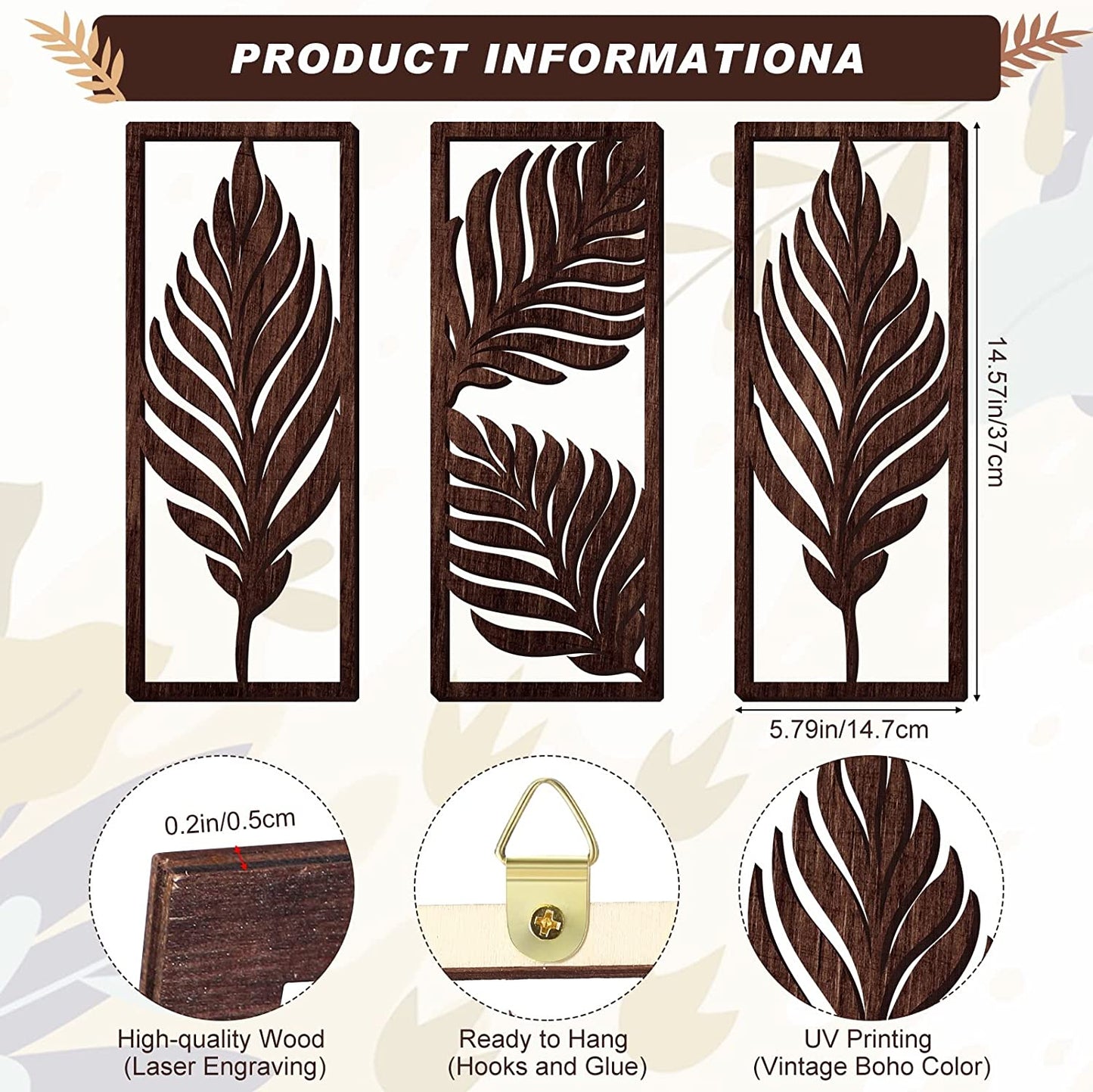 3 Pcs Boho Wooden Art Wall Decor Leaf Sign Wall Accent Rustic Palm Leaf Wood Art Wall Hanging Sculpture Vintage Tropical Plant Wood Wall Plaque for Home Bathroom Living Room Office Decoration (Brown)