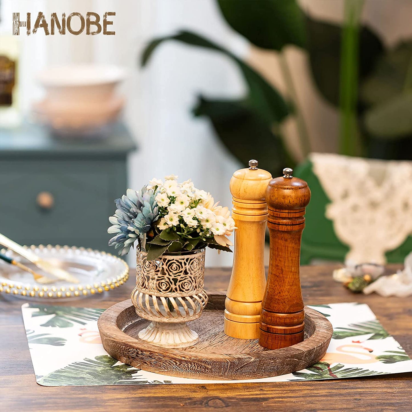 Rustic Wooden Serving Tray - Round Wood Butler Decorative Tray Vintage Centerpiece Candle Holder Trays Farmhouse Ottoman Tray for Kitchen Countertop Home Decor for Coffee Table