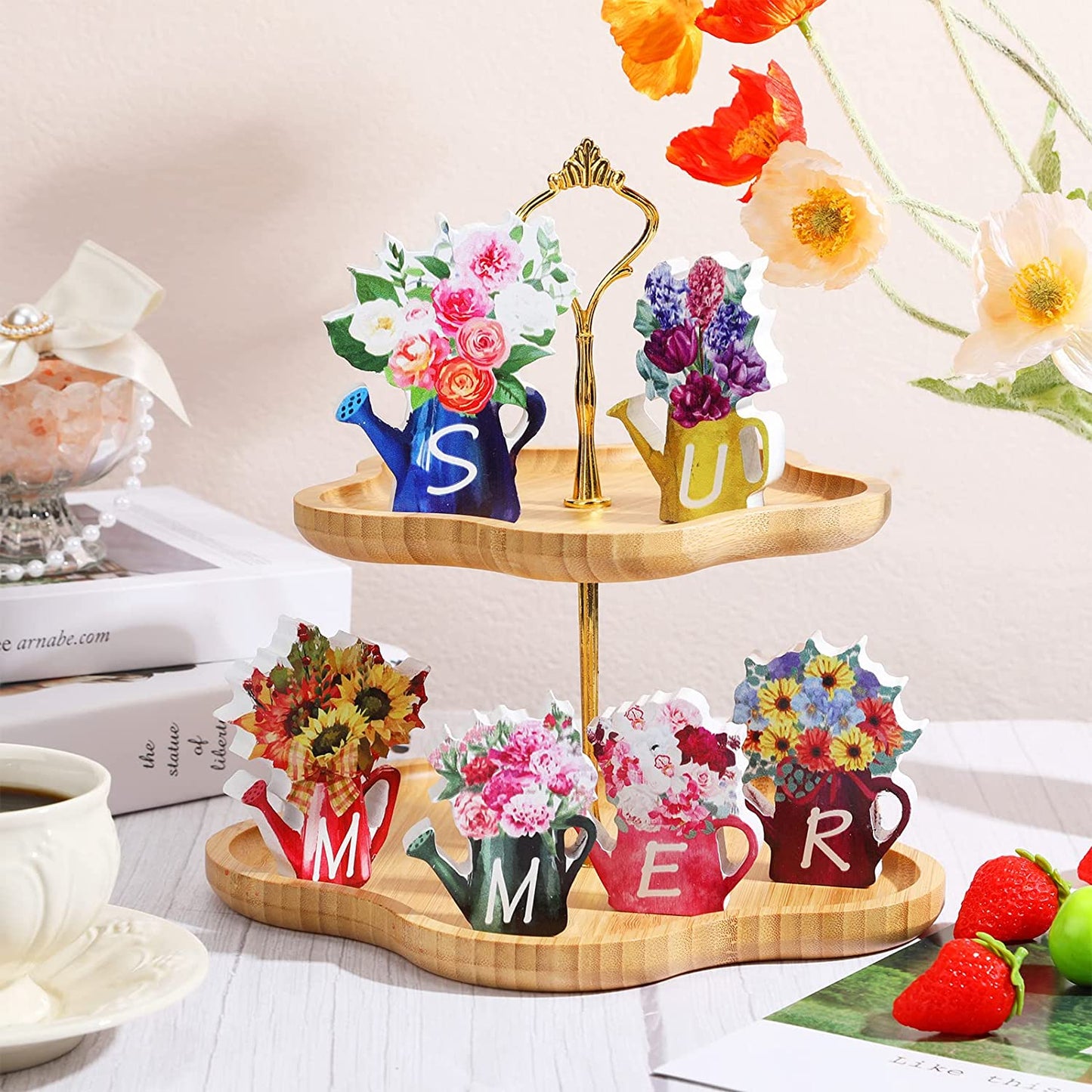 6 Pieces Summer Tiered Tray Decor Set Flower Farmhouse Summer Wooden Sign Rustic Summer Watering Can Wood Block Signs for Home Kitchen Tabletop Shelf Decorations