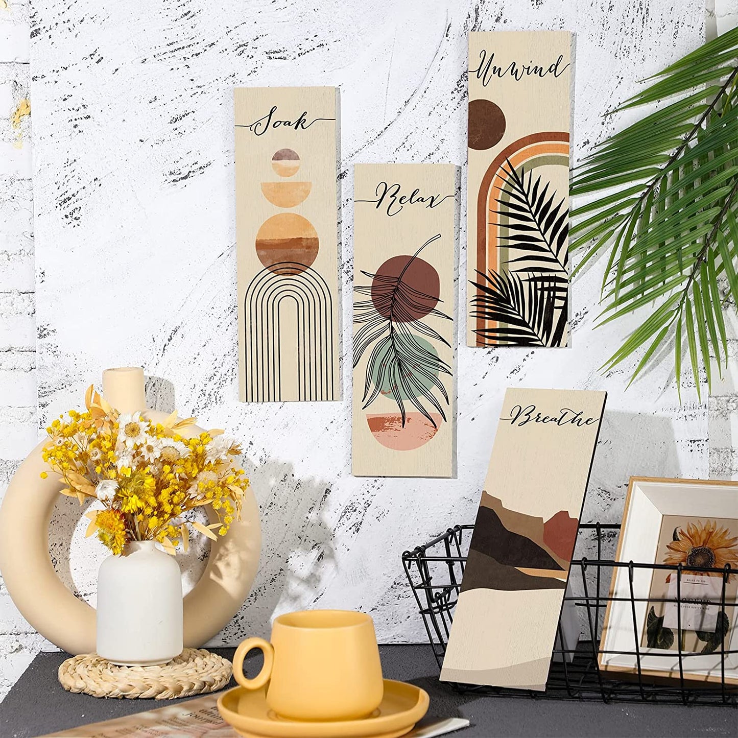 Unwind Breathe Sign Decors Bathroom Wall Arts Abstract Boho Wooden Wall Painting Mid Century Minimalist Botanical Rustic Plaque (11 x 3.5 Inch)