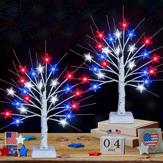 2 Pack 18 Inch 4th of July Patriotic Decorations Tree Light with 24 LED Red White Blue Star Lights, USB/Battery Operated Fourth of July Independence Day Lighted Tree for Home Table Party Decor