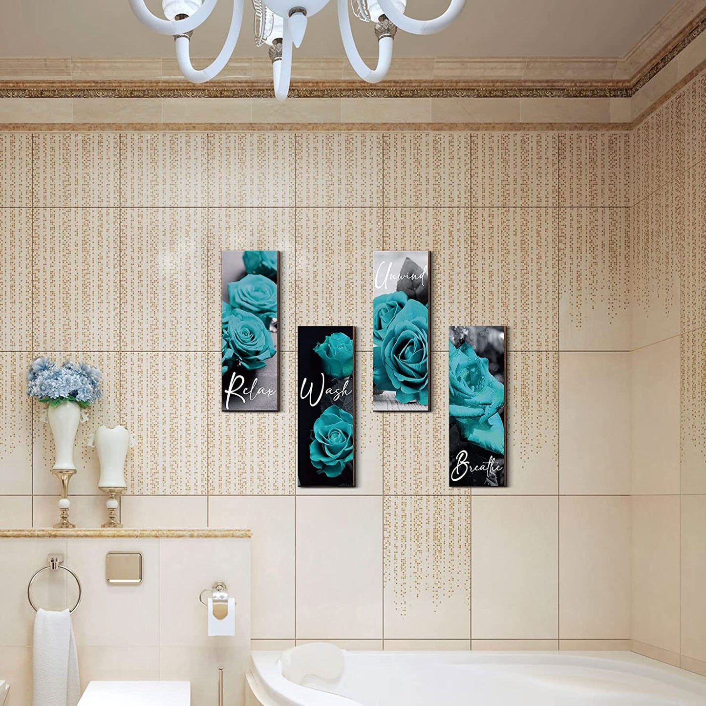 Set of 4 Turquoise Bathroom Accessories Rose Bathroom Decor Teal Wall Decor Wooden Flower Restroom Art Rustic Floral Farmhouse Relax Soak Unwind Breathe Sign for Living Room Decor, 10 x 4 Inch(Teal)
