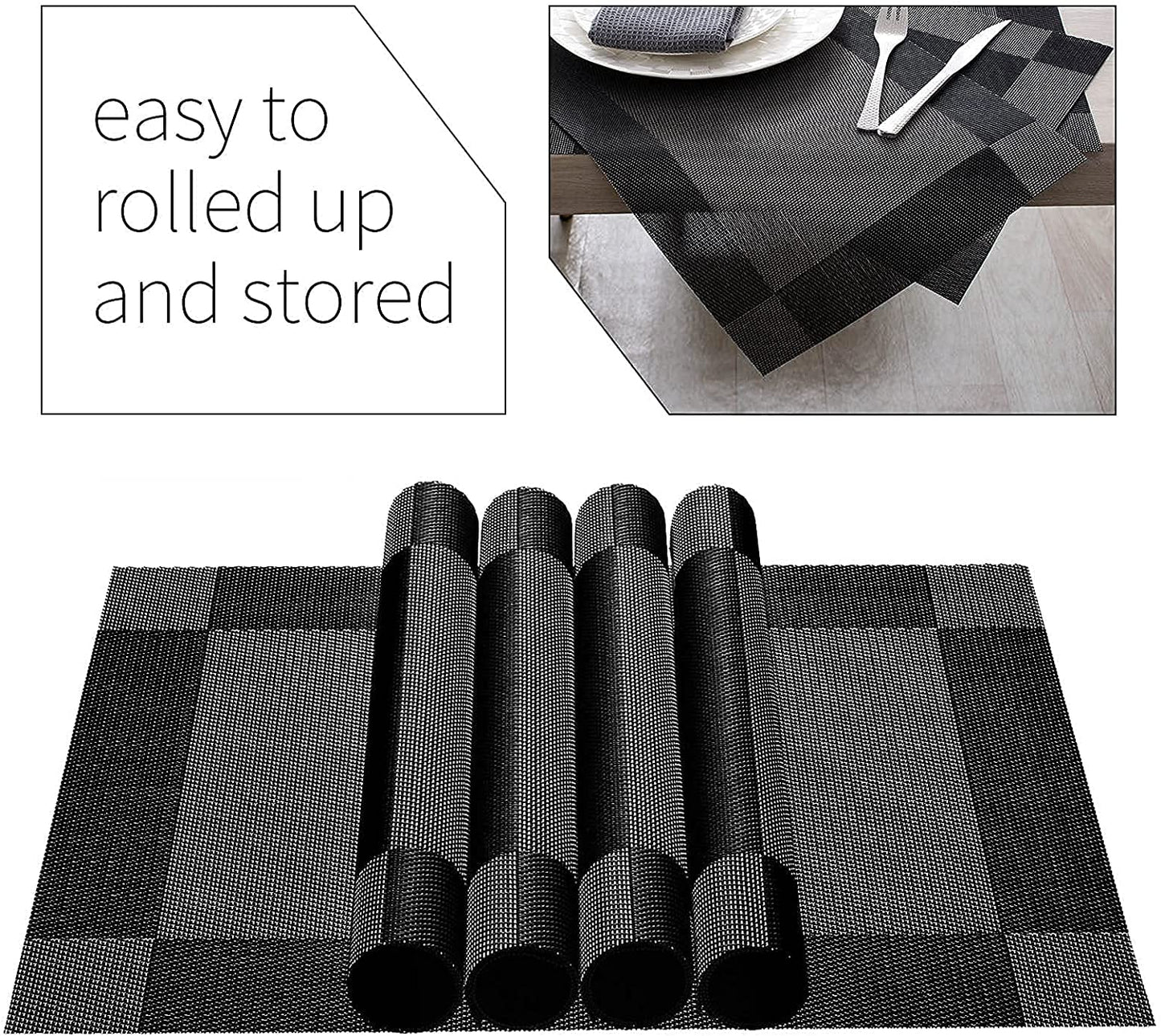 Placemats Set of 6 for Dining Table Washable Woven Vinyl Non-Slip Placemat Heat-Resistant Durable Table Mats for Dining Table Easy to Clean(Black Corner)