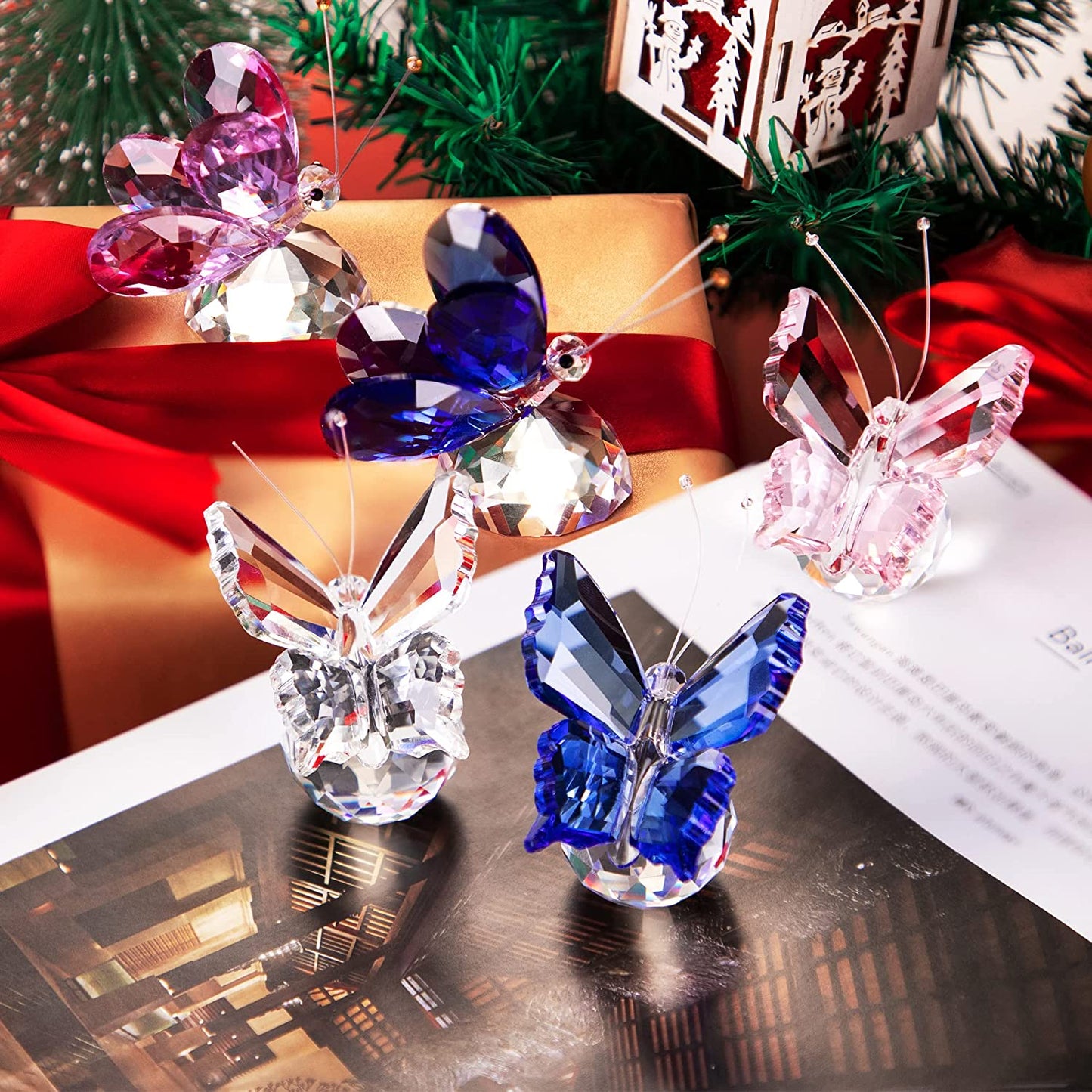 Crystal Flying Butterfly with Crystal Ball Base Figurine Collection Cut Glass Ornament Statue Animal Collectible (Clear)