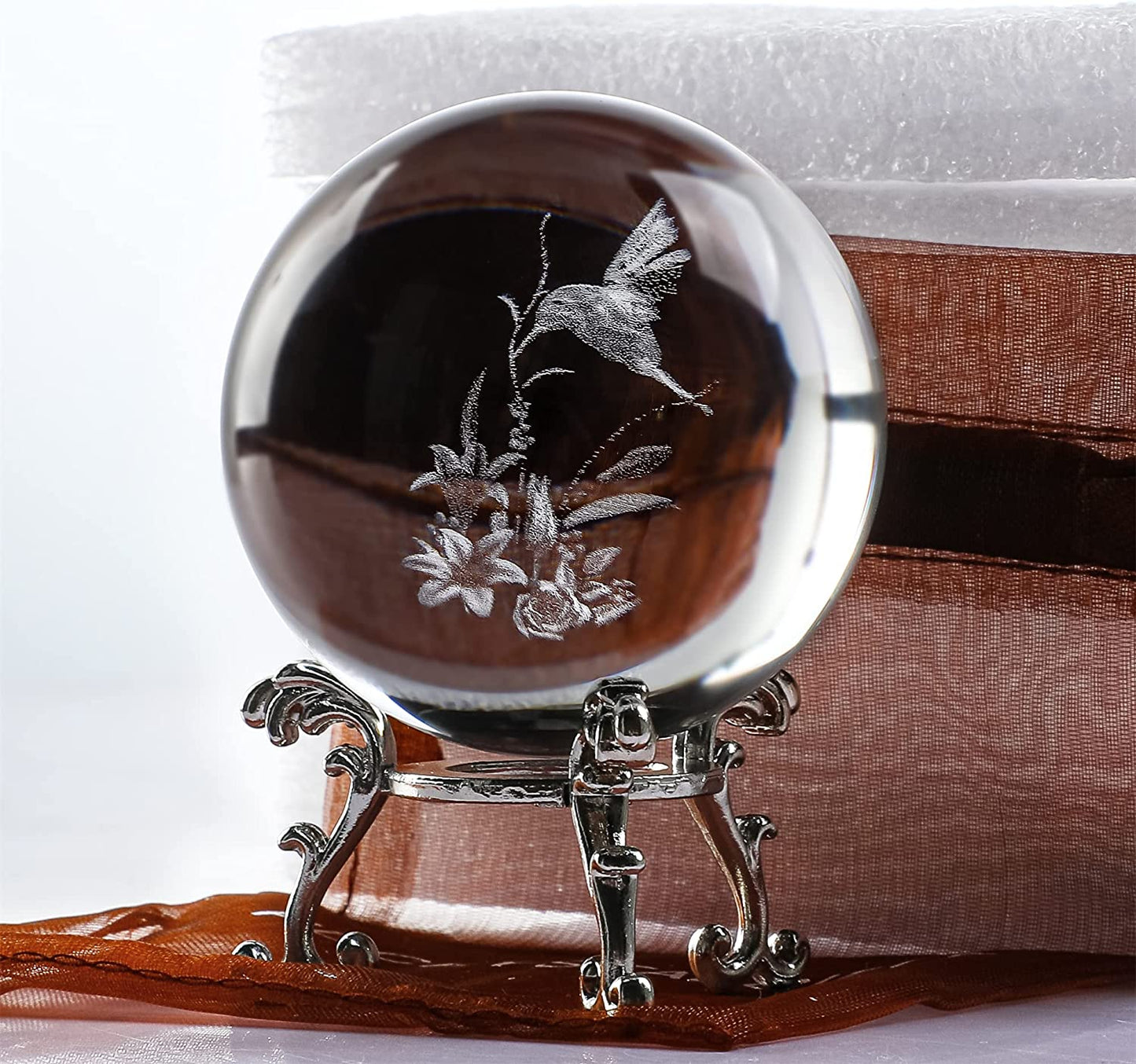 3D Hummingbird Crystal Ball Paperweight 60mm(2.3Inch) Laser Engraved Glass Sphere Display Globe Meditation Ball Home Decor with Metal Stand