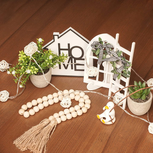 9 Pieces Farmhouse Tiered Tray Decor Set (Tray NOT Included), Rustic Tiered Tray Decoration,Rustic Table Ornaments with Vivid Duck&Rattan Ball String Lights,Housewarming Gift