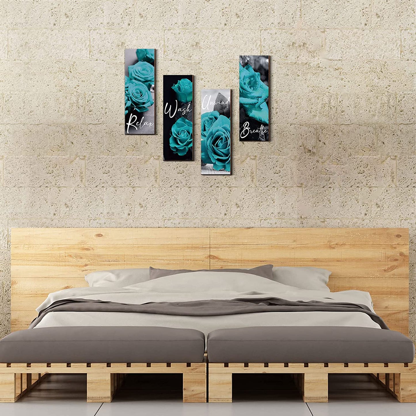Set of 4 Turquoise Bathroom Accessories Rose Bathroom Decor Teal Wall Decor Wooden Flower Restroom Art Rustic Floral Farmhouse Relax Soak Unwind Breathe Sign for Living Room Decor, 10 x 4 Inch(Teal)