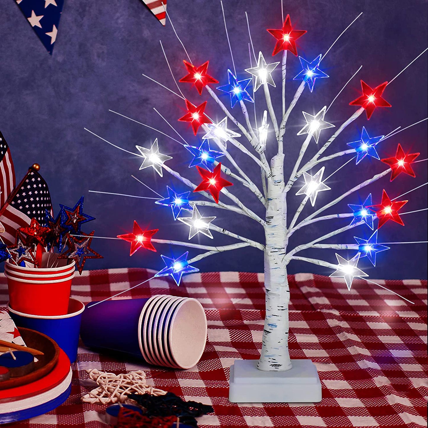 2 Pack 18 Inch 4th of July Patriotic Decorations Tree Light with 24 LED Red White Blue Star Lights, USB/Battery Operated Fourth of July Independence Day Lighted Tree for Home Table Party Decor