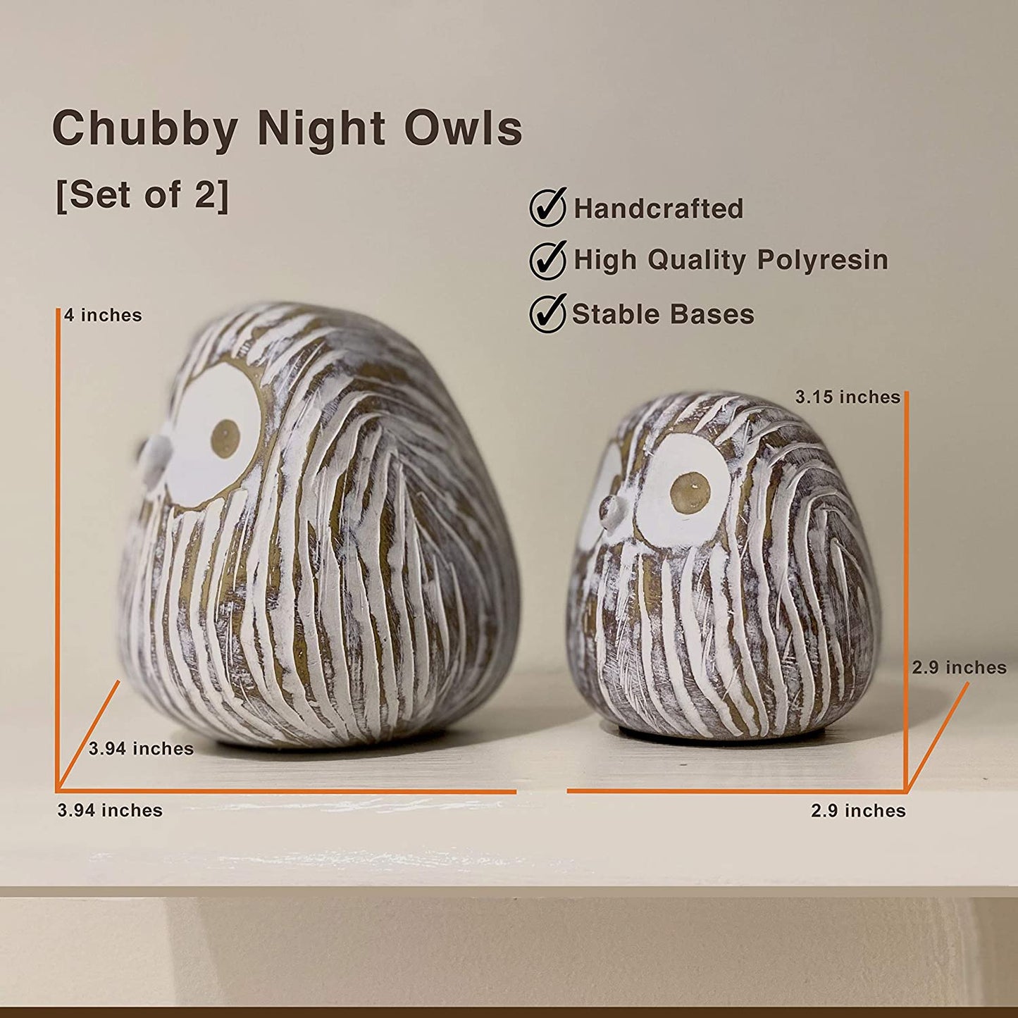 Chubby Night Owl Decor Statue Sculpture, Bookshelf Decor Accents, Boxed Set of 2 Rustic Brown & White (3⅛ & 4⅓ inches) Decorative Resin Figurines