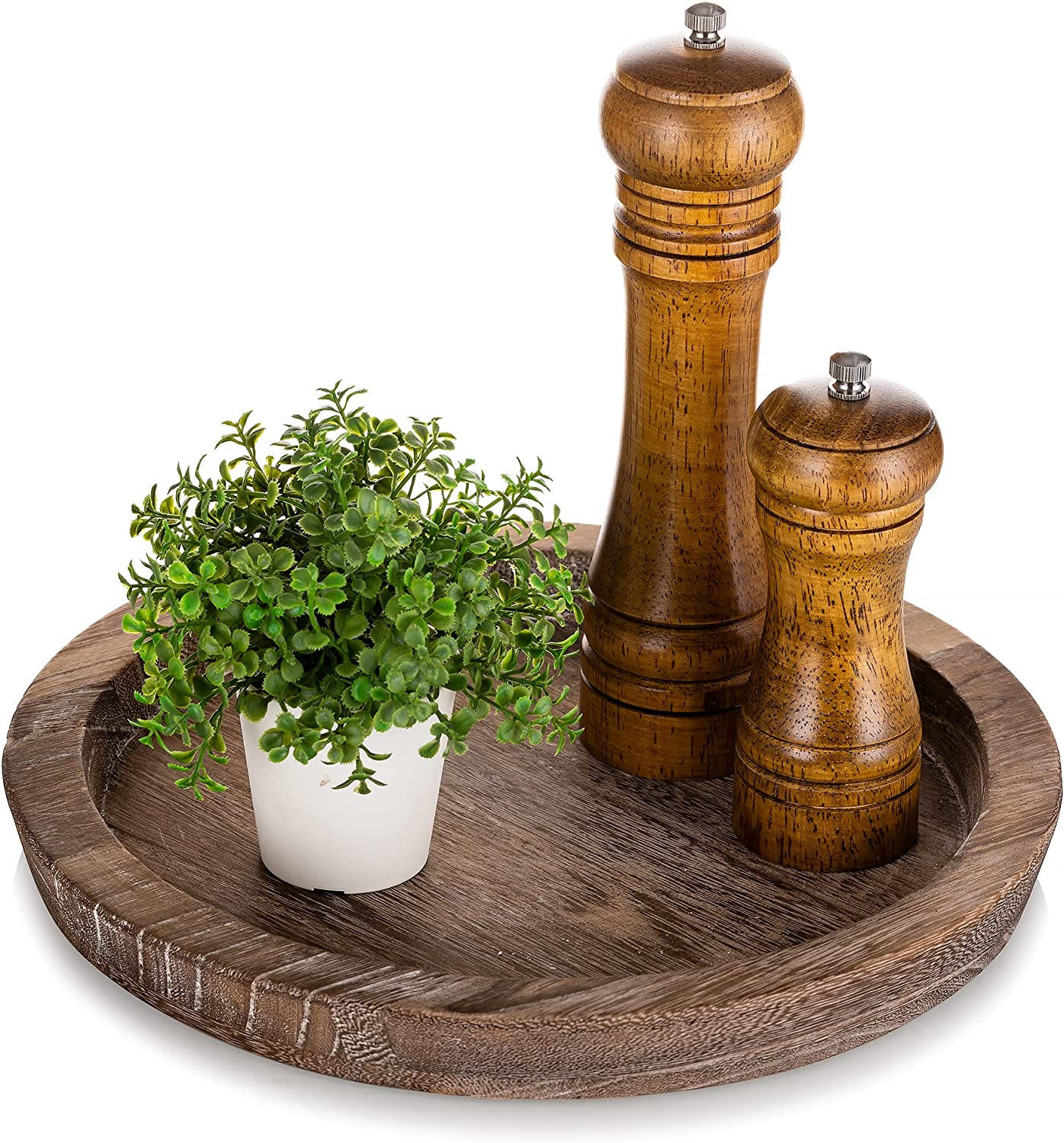 Rustic Wooden Serving Tray - Round Wood Butler Decorative Tray Vintage Centerpiece Candle Holder Trays Farmhouse Ottoman Tray for Kitchen Countertop Home Decor for Coffee Table