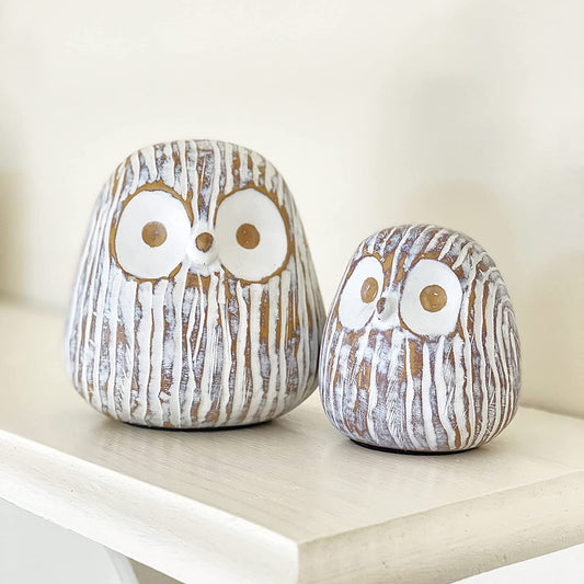 Chubby Night Owl Decor Statue Sculpture, Bookshelf Decor Accents, Boxed Set of 2 Rustic Brown & White (3⅛ & 4⅓ inches) Decorative Resin Figurines