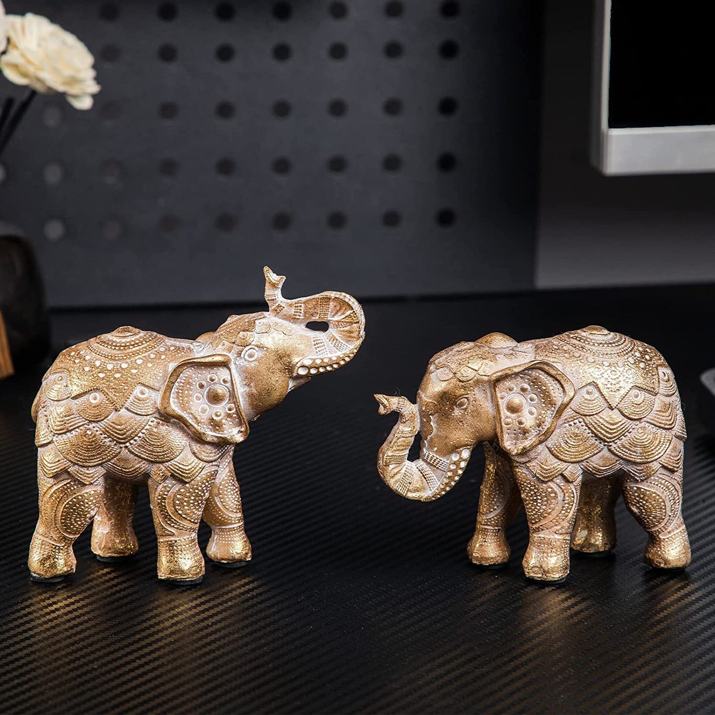 Elephant Statue for Home Decorations,Elephant Figurines with Trunk up,Elephant Decor for Shelf Shelves Table Living Room nightstand,African Elephants Gifts for Woman Small Set of 2 Gold Color Accents