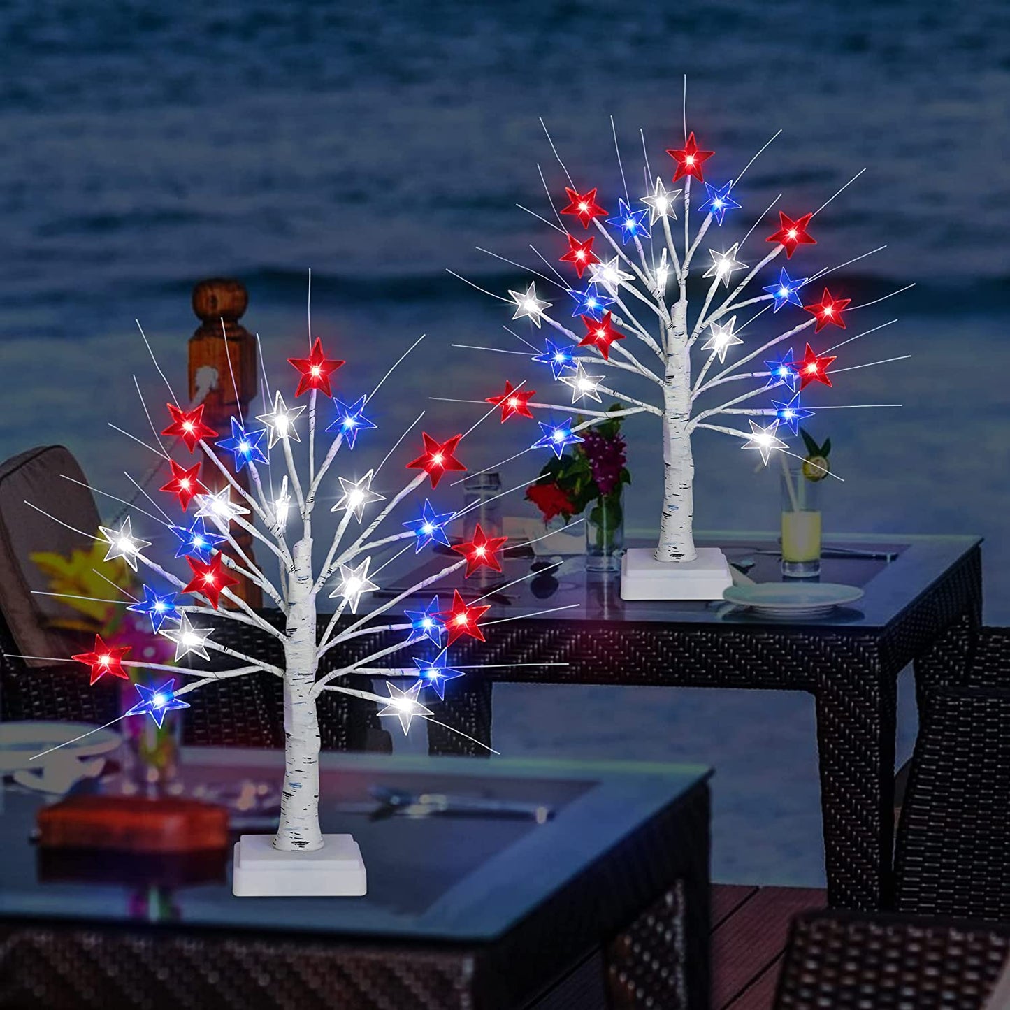 2 Pack 18 Inch 4th of July Patriotic Decorations Tree Light with 24 LED Red White Blue Star Lights, USB/Battery Operated Fourth of July Independence Day Lighted Tree for Home Table Party Decor