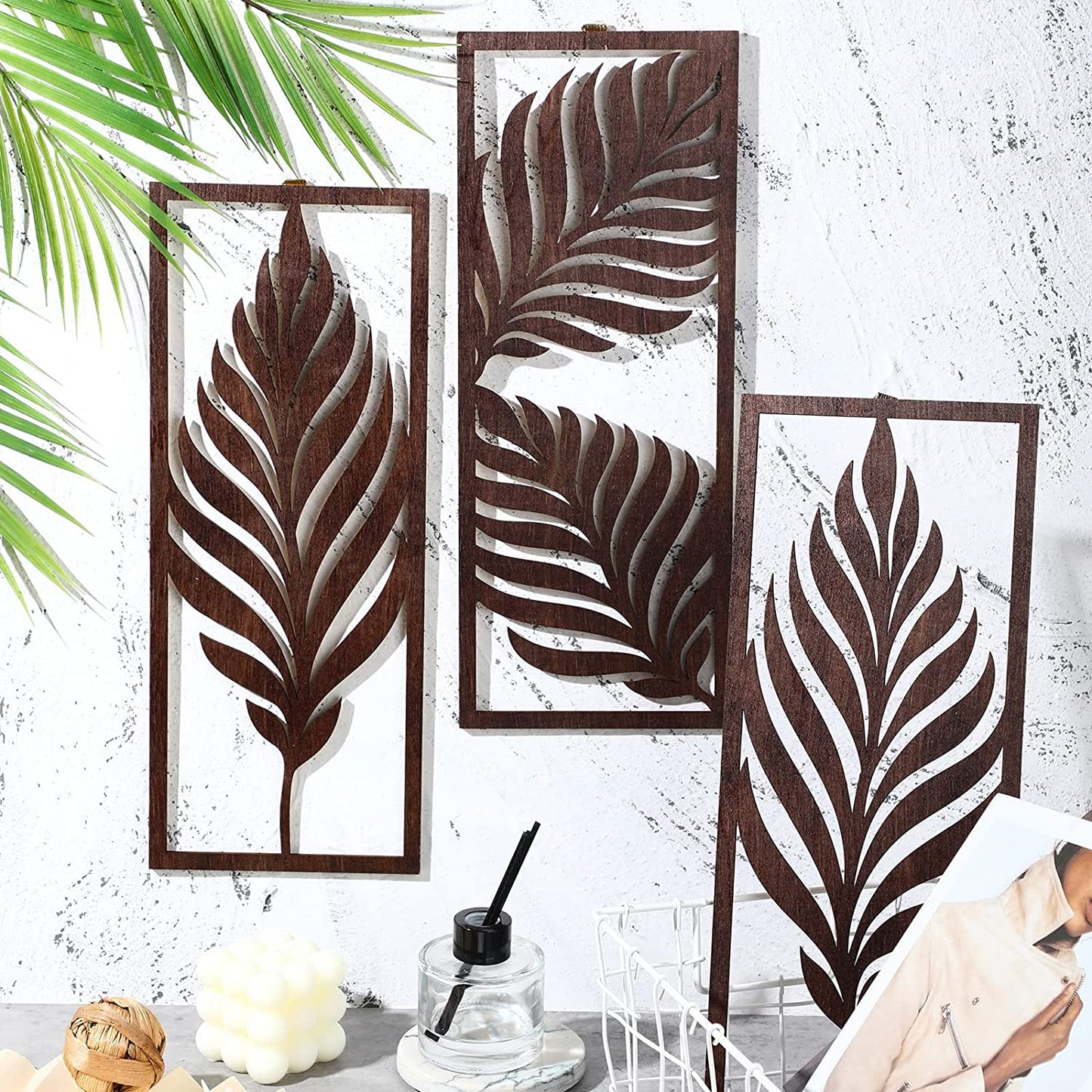 3 Pcs Boho Wooden Art Wall Decor Leaf Sign Wall Accent Rustic Palm Leaf Wood Art Wall Hanging Sculpture Vintage Tropical Plant Wood Wall Plaque for Home Bathroom Living Room Office Decoration (Brown)