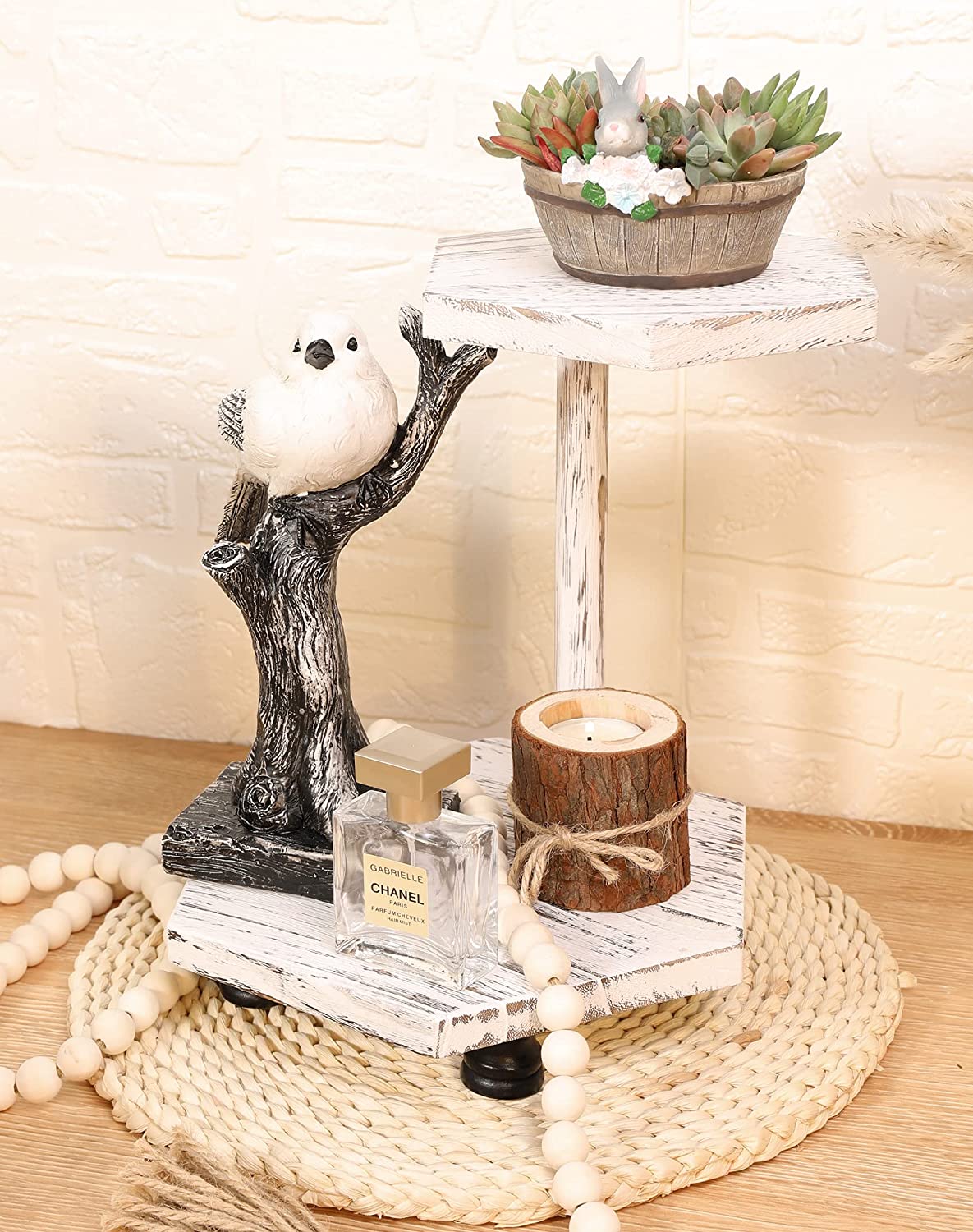 Hexagonal Wood Riser for Display, 2-Tier Farmhouse Wood Pedestal Stand for Kitchen Bathroom Counter Decor, Decorative Tray for Soap Dispenser, Candle and Plant