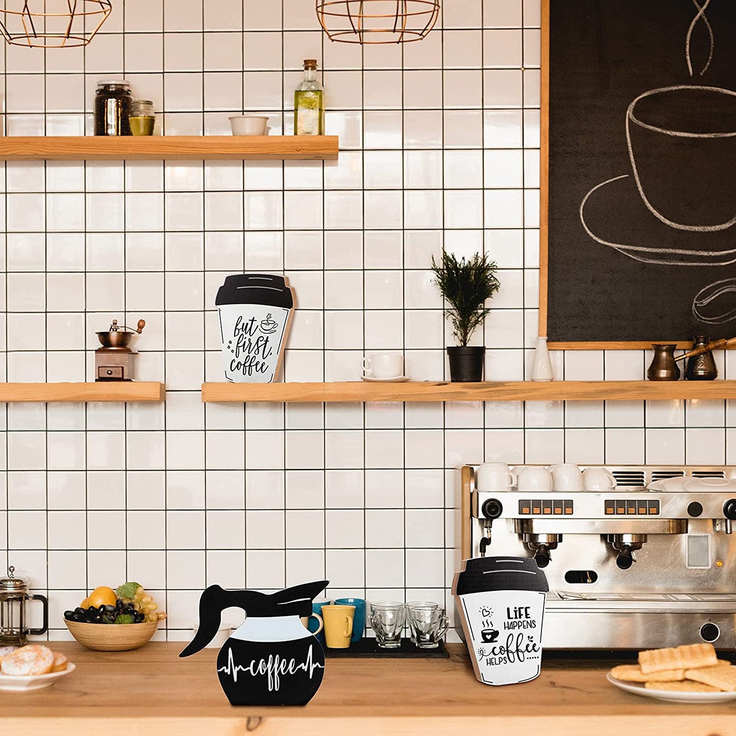 3 Pieces Coffee Bar Decor Signs But First Coffee Wood Plaque Rustic Coffee Bar Tiered Tray Wood Signs Farmhouse Vintage Table Centerpiece Mug Life Coffee Wood Sign for Home Coffee Bar (Cute Style)