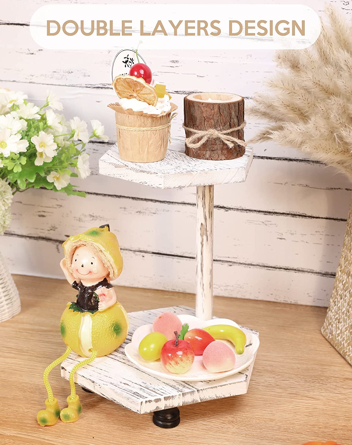 Hexagonal Wood Riser for Display, 2-Tier Farmhouse Wood Pedestal Stand for Kitchen Bathroom Counter Decor, Decorative Tray for Soap Dispenser, Candle and Plant