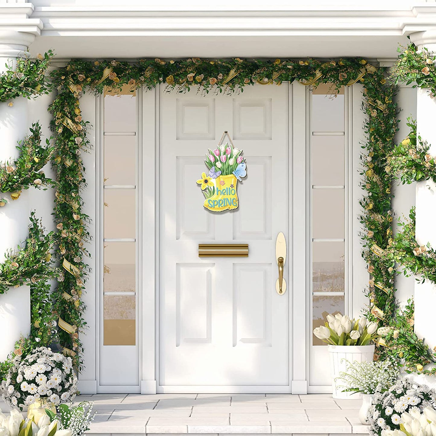 Hello Spring Door Sign Colorful Tulip Flowers Spring Decor Sign Hanging Door Signs Rustic Wall Decor Farmhouse Wood Hanging Plaque for Home Farmhouse Home (Boots)