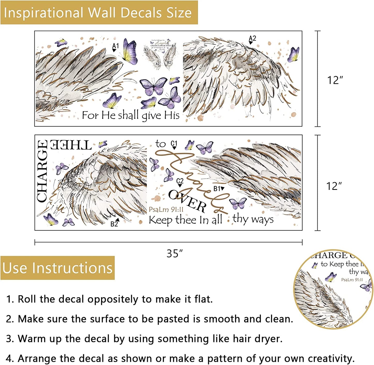 Wall Decals Stickers, Religious Wings Bible Verse Quote Home Bedroom Decor, Butterfly Living Room Kitchen Decorations Art