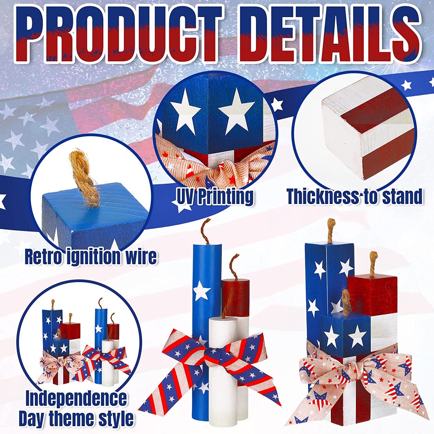 6 Pcs 4th of July Tiered Tray Decor July 4th Firework Tiered Tray Sign Patriotic Memorial Day Centerpieces Rustic Fireworks Wood Sign Independence Day Wooden Table Decor for Home Tables