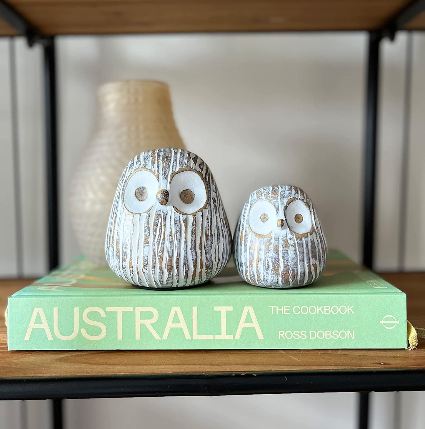 Chubby Night Owl Decor Statue Sculpture, Bookshelf Decor Accents, Boxed Set of 2 Rustic Brown & White (3⅛ & 4⅓ inches) Decorative Resin Figurines