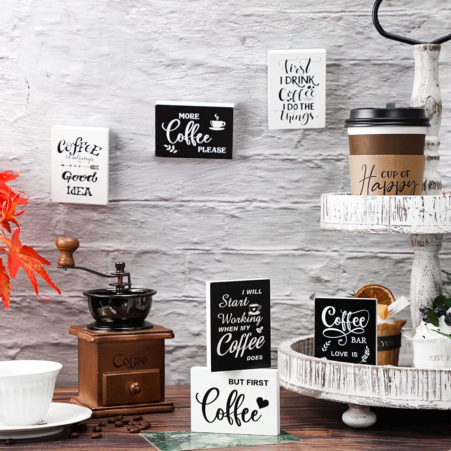 6 Pcs Wooden Mini Coffee Bar Sign Farmhouse Coffee Bar Decor Rustic But First Coffee Sign Love Is Brewing Coffee Table Sign Vintage Coffee Wood Plaque for Coffee Tiered Tray Decor Home Decorations