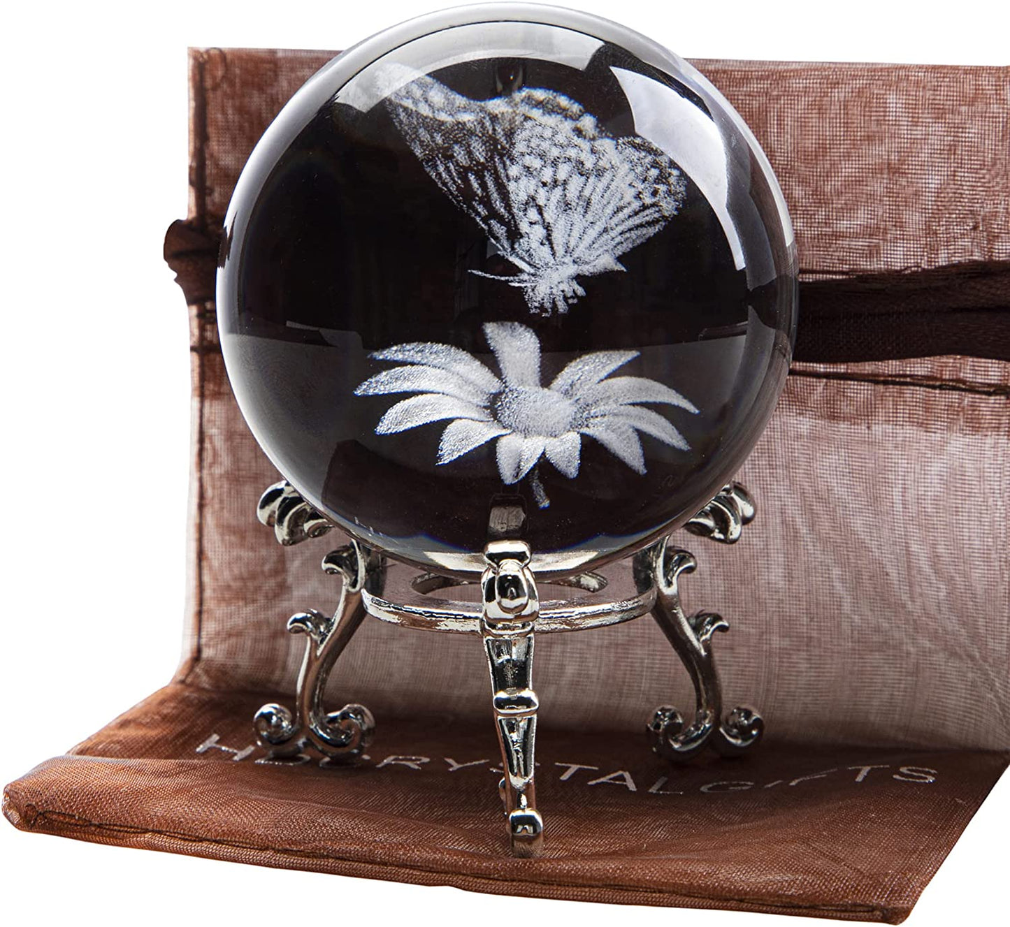 3D Laser Crystal Butterfly Flower Figurine Crystal Decorative Ball Paperweight with Silver-Plated Flowering Stand Glass Sphere Home Decor Gift (60mm,2.4inch)