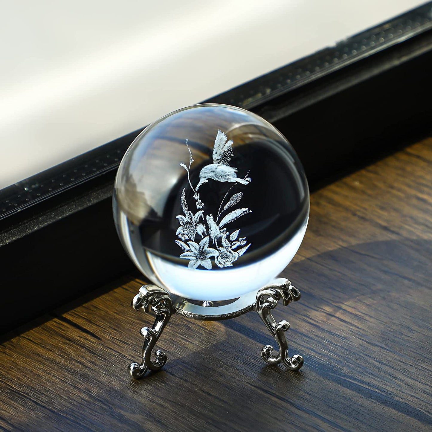 3D Hummingbird Crystal Ball Paperweight 60mm(2.3Inch) Laser Engraved Glass Sphere Display Globe Meditation Ball Home Decor with Metal Stand
