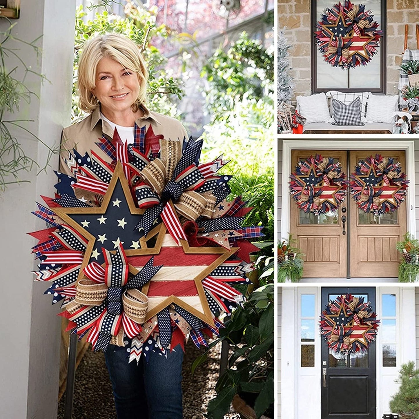 2023New Summer Patriotic Independence Day Wreath, Memorial Day Wreaths for Front Door, Festival Celebration Farmhouse Wreaths, All Season Welcome Sign Door Hangers (Wreath-A)