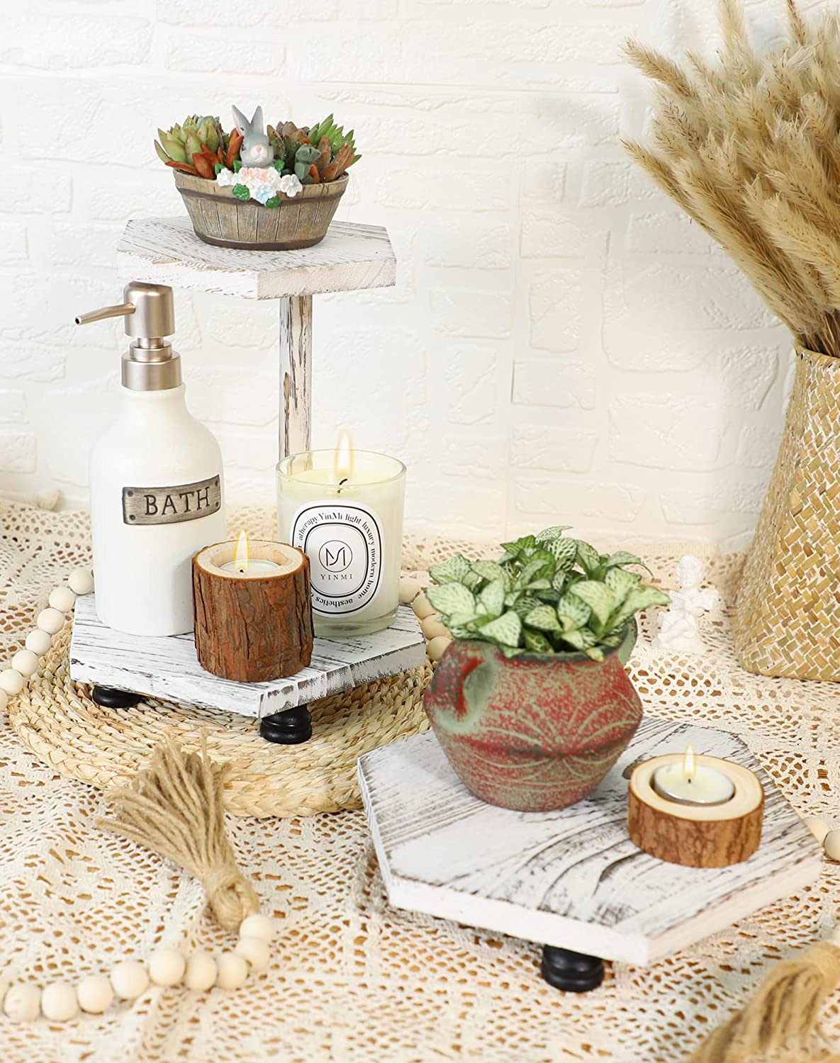 Hexagonal Wood Riser for Display, 2-Tier Farmhouse Wood Pedestal Stand for Kitchen Bathroom Counter Decor, Decorative Tray for Soap Dispenser, Candle and Plant