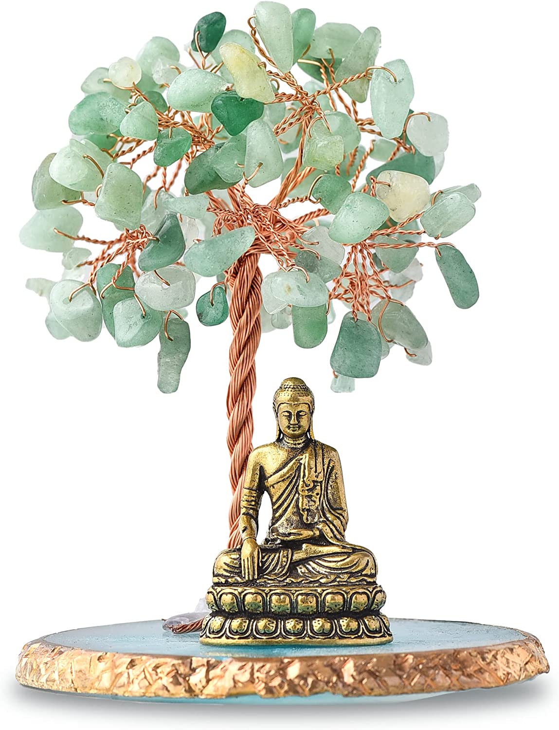 Buddha Statue with Healing Crystal Tree, Tree of Life for Positive Energy. Home Decor Yoga Meditation. Green.(B)