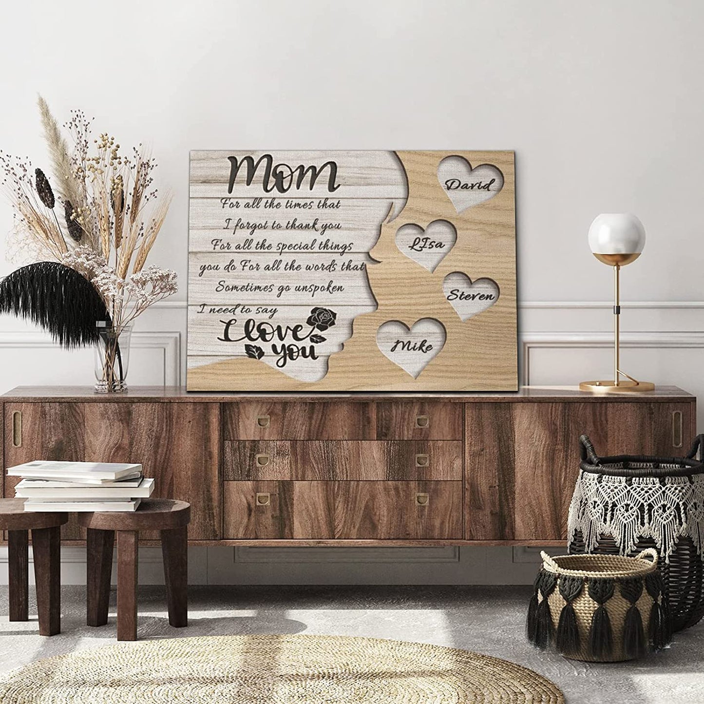 Unique Mothers Day Gifts for Mom, Wife from Daughter, Son,Husband, Custom Canvas Prints Wrapped Wood with Childs Names for Mother, Personalized Wall Art Family Sign.
