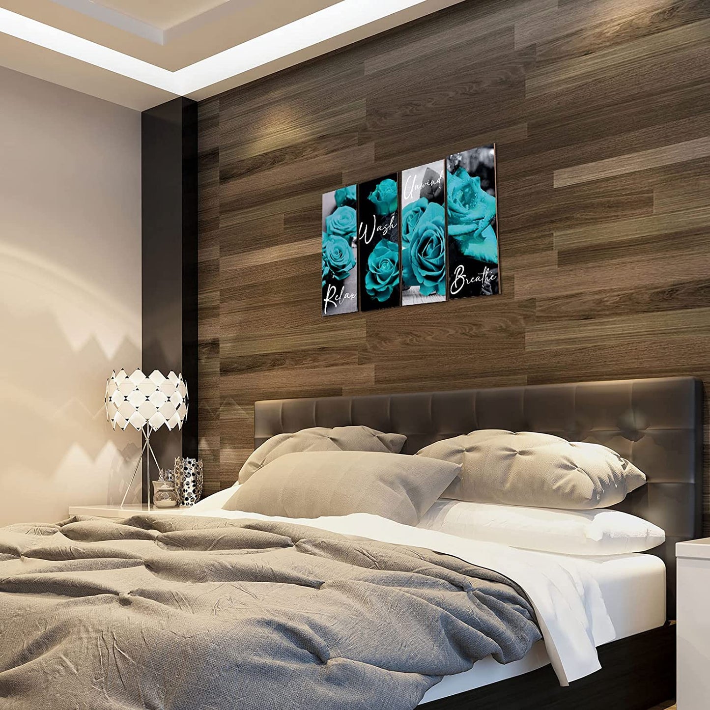 Set of 4 Turquoise Bathroom Accessories Rose Bathroom Decor Teal Wall Decor Wooden Flower Restroom Art Rustic Floral Farmhouse Relax Soak Unwind Breathe Sign for Living Room Decor, 10 x 4 Inch(Teal)