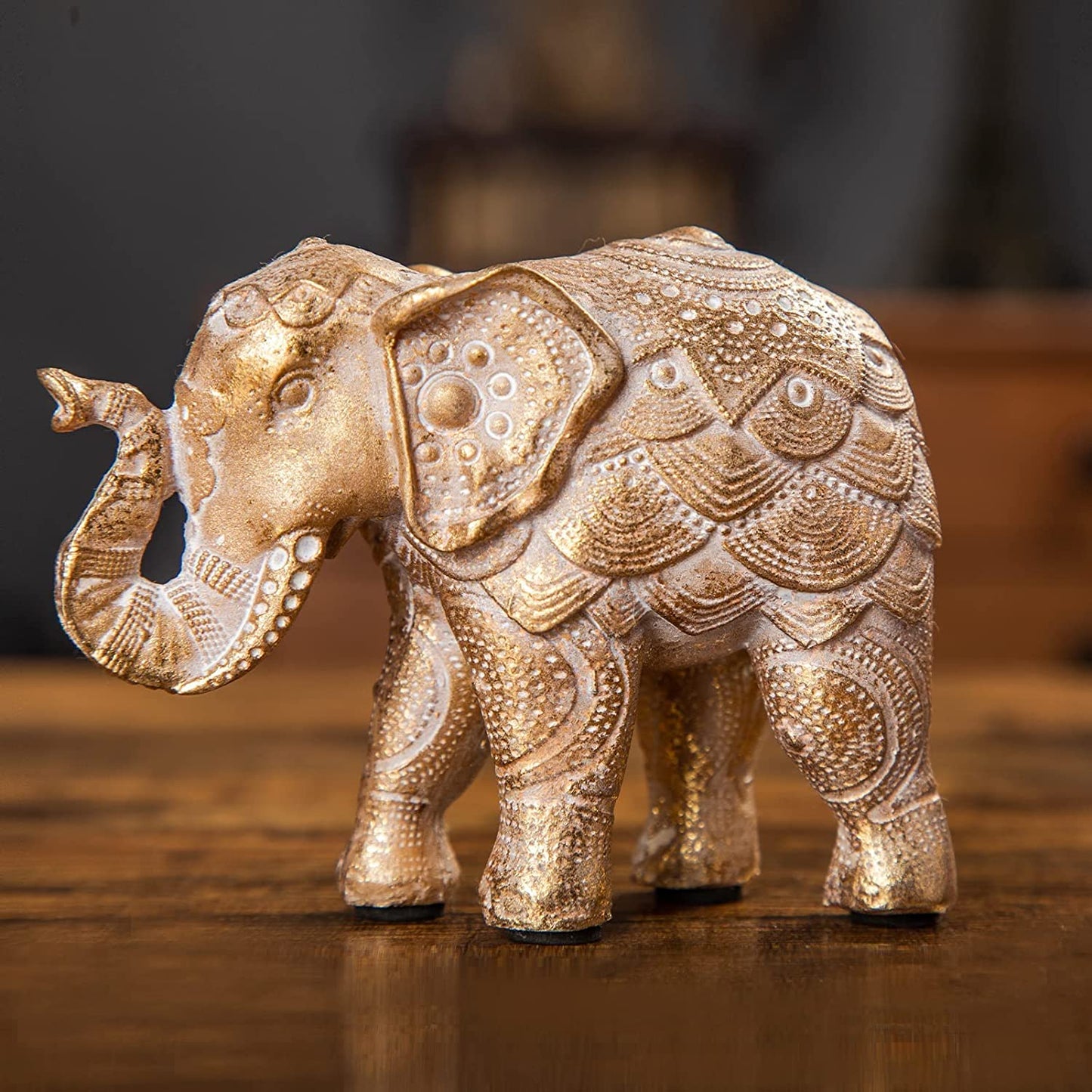 Elephant Statue for Home Decorations,Elephant Figurines with Trunk up,Elephant Decor for Shelf Shelves Table Living Room nightstand,African Elephants Gifts for Woman Small Set of 2 Gold Color Accents
