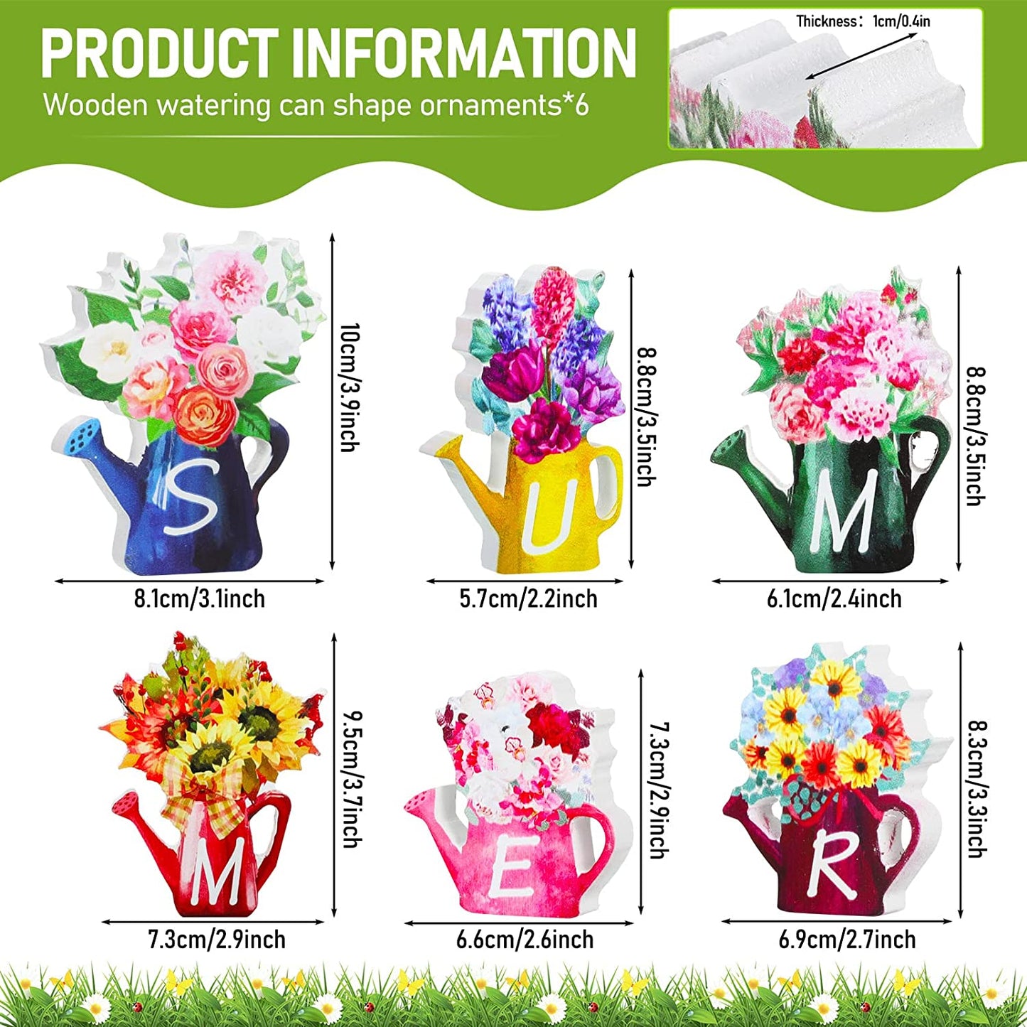 6 Pieces Summer Tiered Tray Decor Set Flower Farmhouse Summer Wooden Sign Rustic Summer Watering Can Wood Block Signs for Home Kitchen Tabletop Shelf Decorations