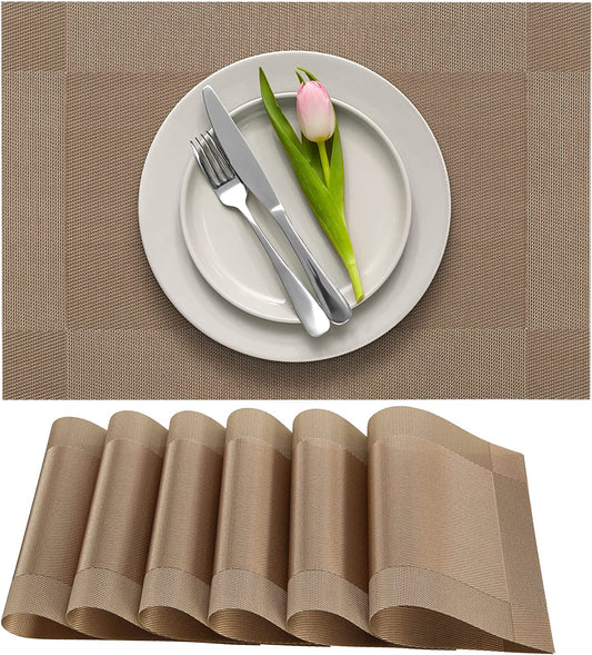 Décor Dining Table Placemats, Washable Heat-Resistant PVC Vinyl Table Mats for Dining Room and Kitchen, Anti-Slip - Set of 6 - Light Brown