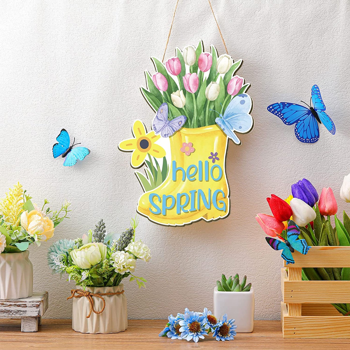 Hello Spring Door Sign Colorful Tulip Flowers Spring Decor Sign Hanging Door Signs Rustic Wall Decor Farmhouse Wood Hanging Plaque for Home Farmhouse Home (Boots)