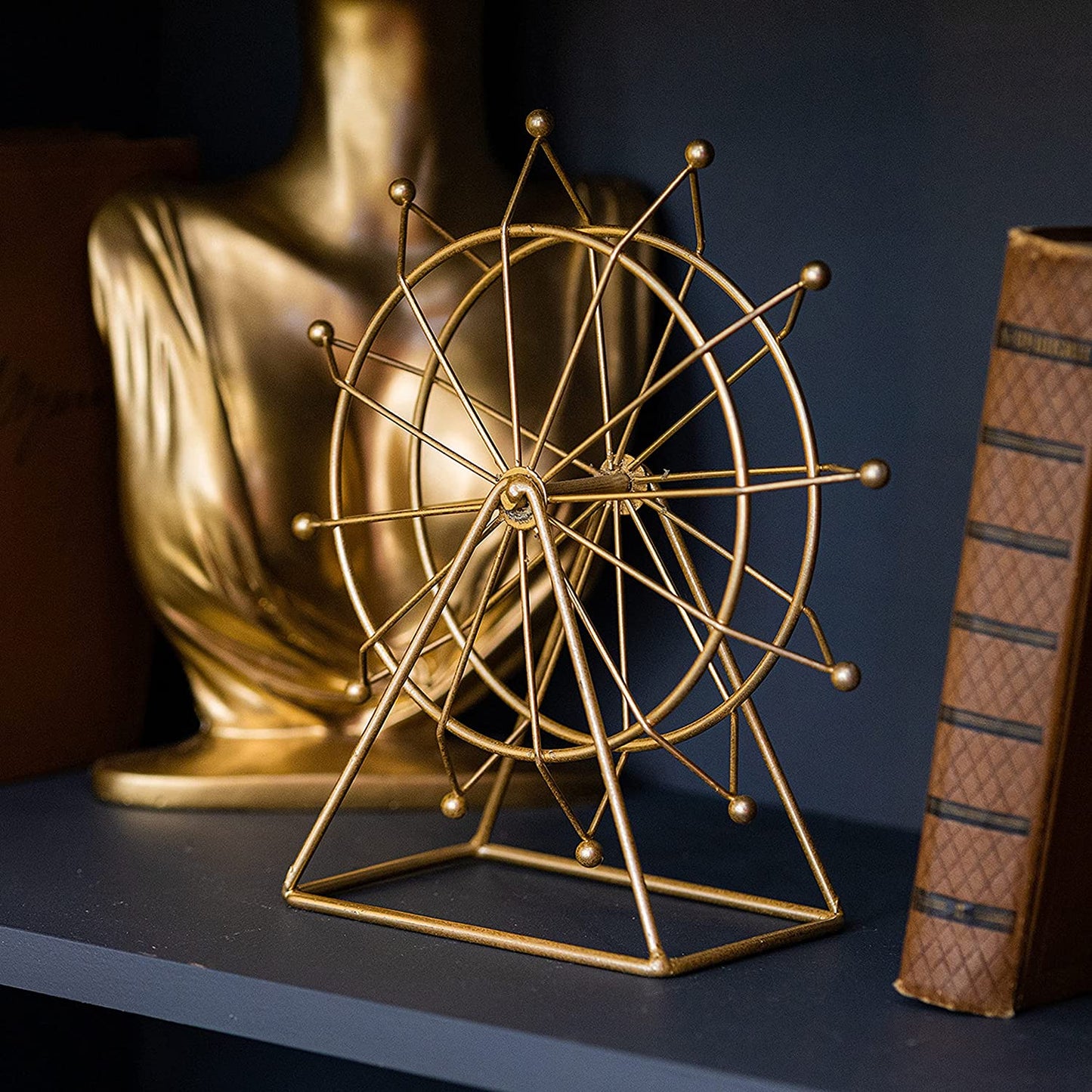 Ferris Wheel Bookshelf Decor – Gold Decor Modern Gift - Shelf Decor Accents Ornament - House Decorations Living Room - Fireplace Decor or Desk Decor - Entryway Decor.