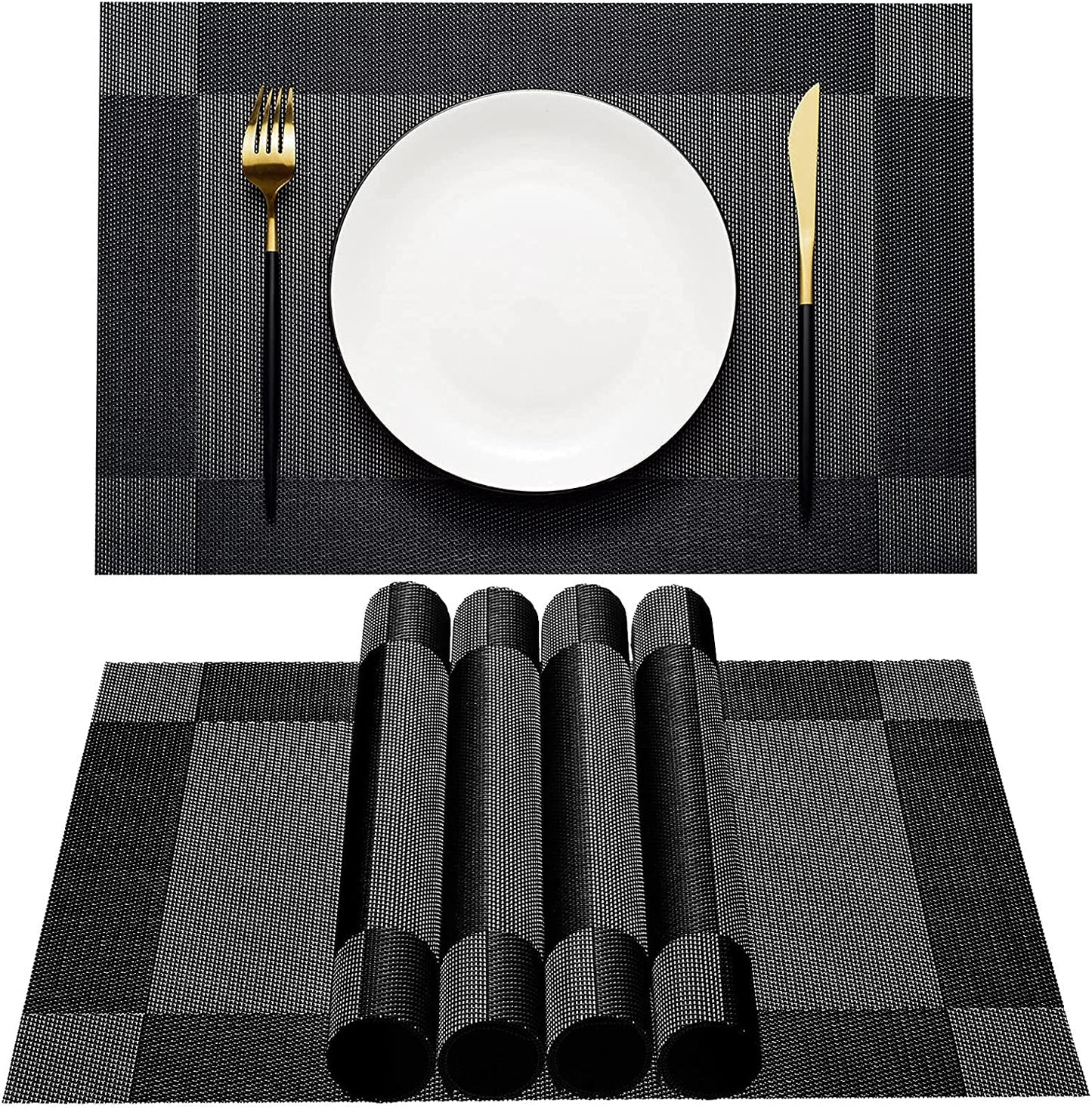 Placemats Set of 6 for Dining Table Washable Woven Vinyl Non-Slip Placemat Heat-Resistant Durable Table Mats for Dining Table Easy to Clean(Black Corner)