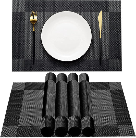 Placemats Set of 6 for Dining Table Washable Woven Vinyl Non-Slip Placemat Heat-Resistant Durable Table Mats for Dining Table Easy to Clean(Black Corner)