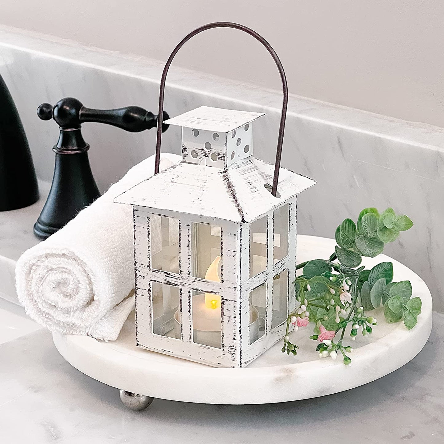 Rustic Farmhouse White Candle Holder (5 Inch), Wedding, Centerpiece Table, Home, Shelf Decor Lantern