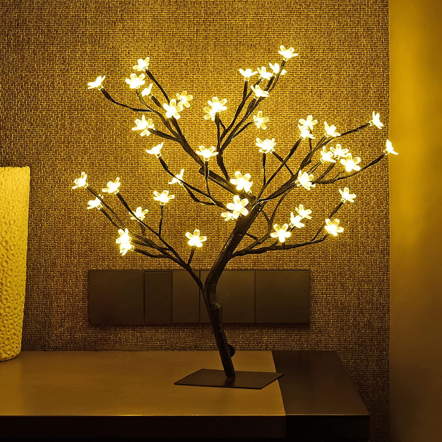 18 Inch Cherry Blossom Bonsai Tree, 48 LED Lights, 24V UL Listed Adapter Included, Metal Base, Warm White Lights, Ideal as Night Lights, Home Gift Idea