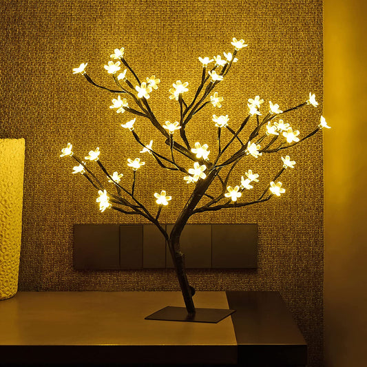 18 Inch Cherry Blossom Bonsai Tree, 48 LED Lights, 24V UL Listed Adapter Included, Metal Base, Warm White Lights, Ideal as Night Lights, Home Gift Idea