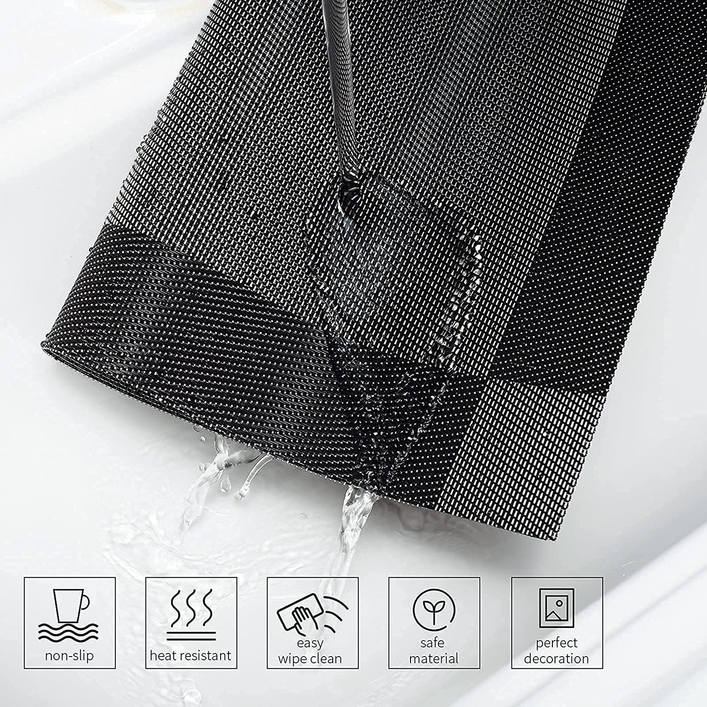 Placemats Set of 6 for Dining Table Washable Woven Vinyl Non-Slip Placemat Heat-Resistant Durable Table Mats for Dining Table Easy to Clean(Black Corner)