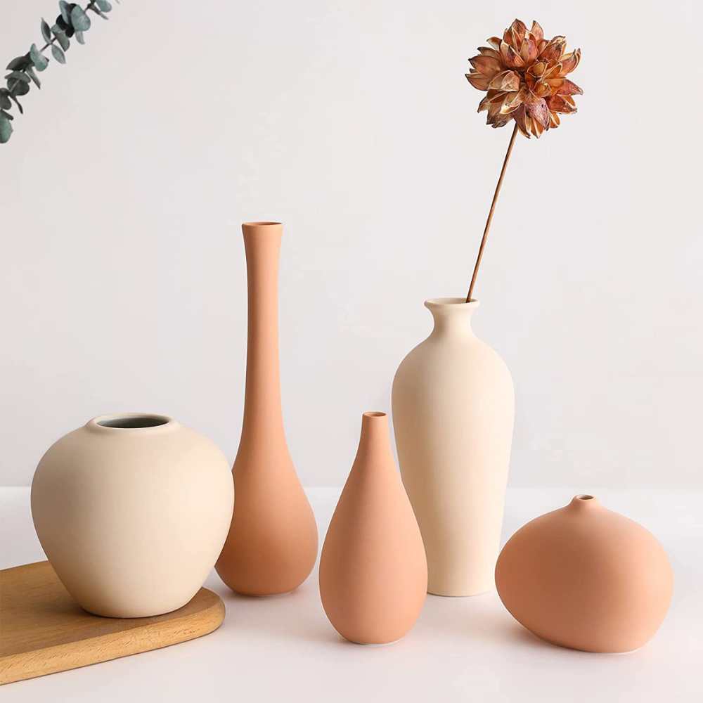 Ceramic Vase Set of 5, Small Flower Vases for Rustic Home Decor, Modern Farmhouse Decor, Living Room Decor, Shelf Decor, Table Decor, Bookshelf, Mantel and Entryway Decor