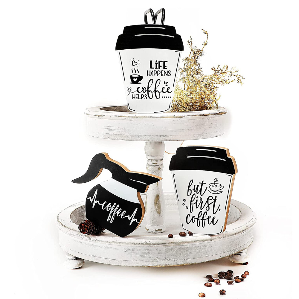 3 Pieces Coffee Bar Decor Signs But First Coffee Wood Plaque Rustic Coffee Bar Tiered Tray Wood Signs Farmhouse Vintage Table Centerpiece Mug Life Coffee Wood Sign for Home Coffee Bar (Cute Style)