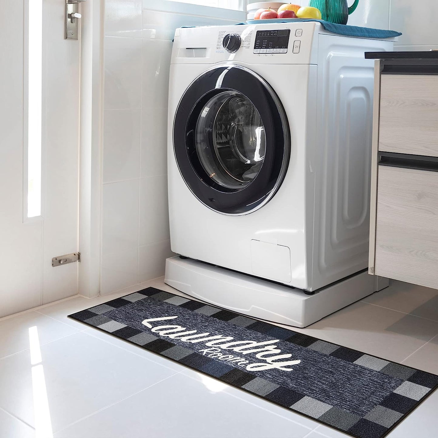 Laundry Collection Checkered Border Non-Slip Rubber Back Runner Rug, 20" x 59", Black