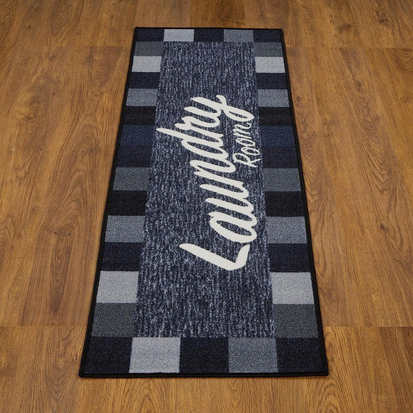 Laundry Collection Checkered Border Non-Slip Rubber Back Runner Rug, 20" x 59", Black