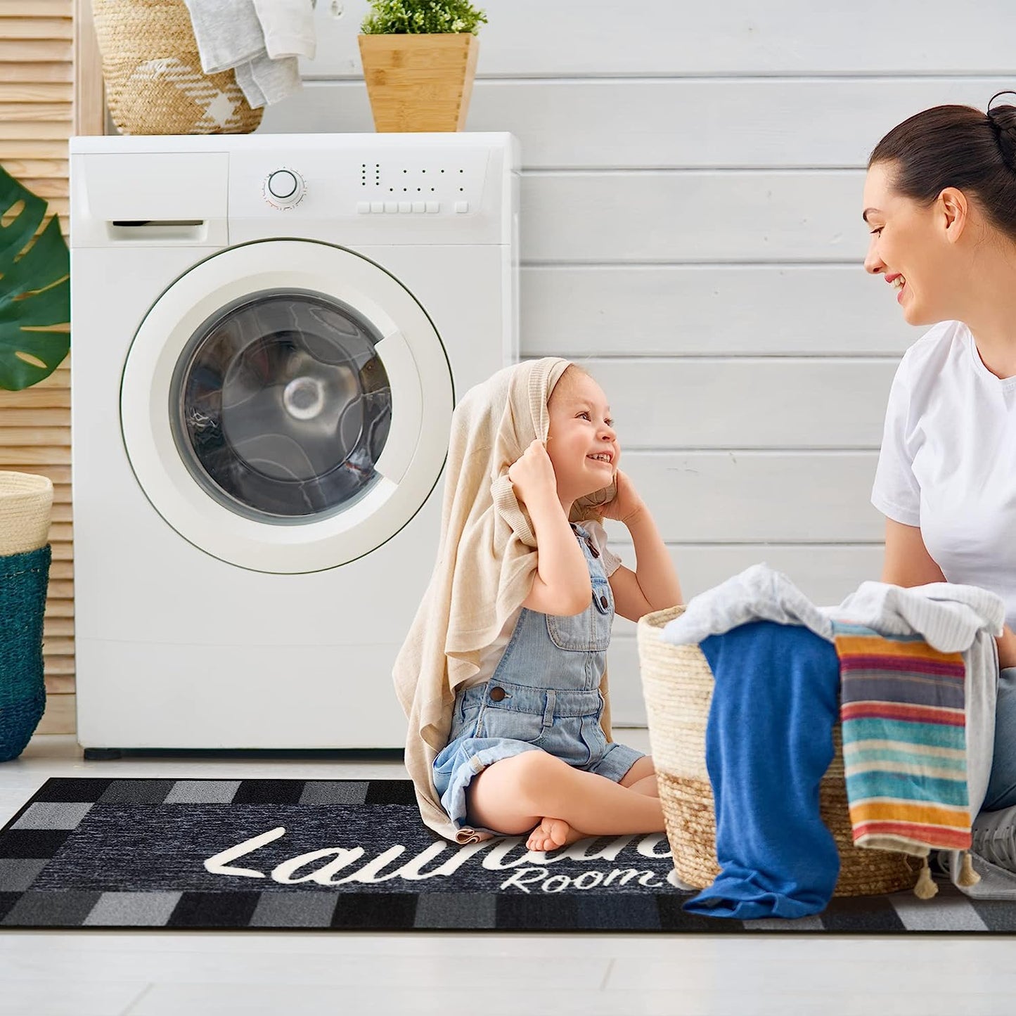 Laundry Collection Checkered Border Non-Slip Rubber Back Runner Rug, 20" x 59", Black