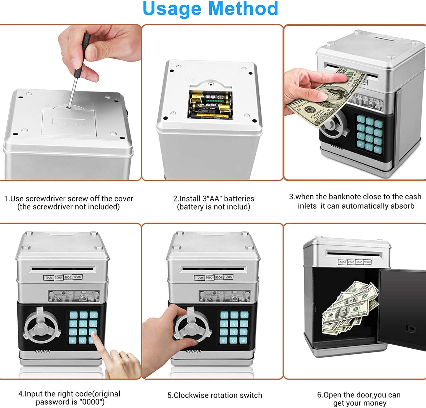 Electronic ATM Password Piggy Bank Cash Coin Can Auto Scroll Paper Money Saving Box Gift for Kids (Silvery)
